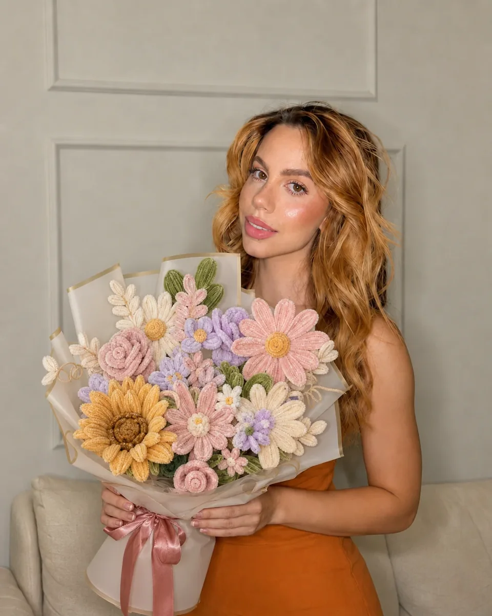 Bruna, fundadora da Fio & Flor, segurando um buquê de flores de chenille