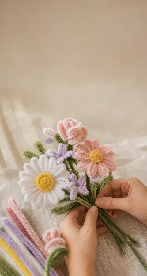 Mãos montando um buquê com hastes de chenille